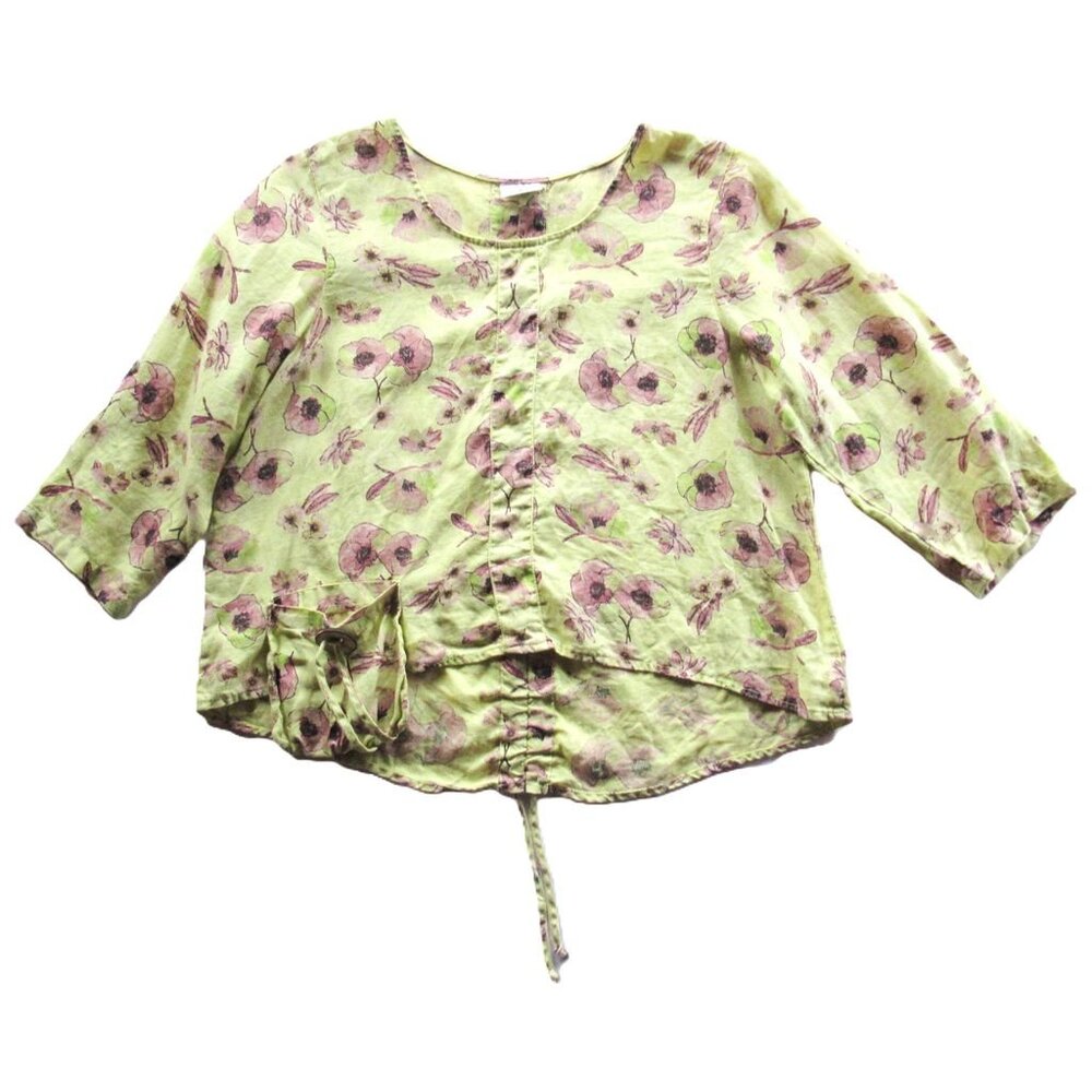 Click by Color Me Cotton Women Blouse Floral Yellow Roll Tab Sleeves Linen US